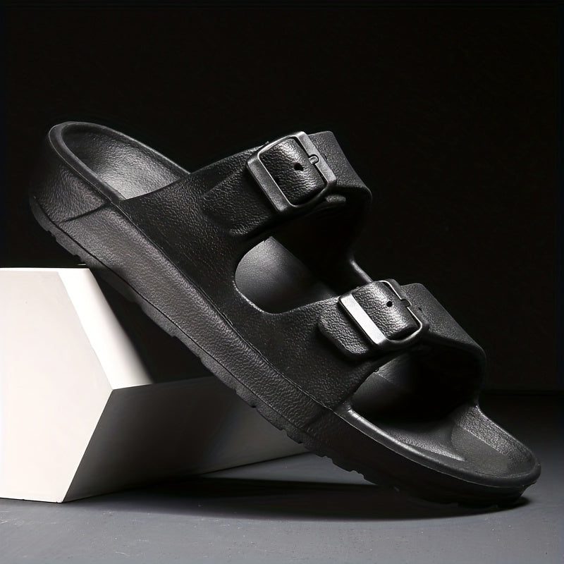 Double Buckle Slide Sandals for Women - Black