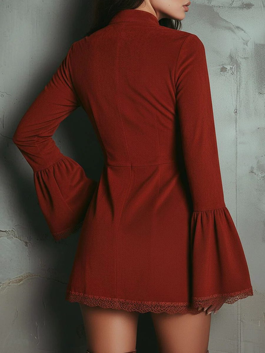 Embroidered Suede Bell Sleeve Mini Dress for Women - View 3