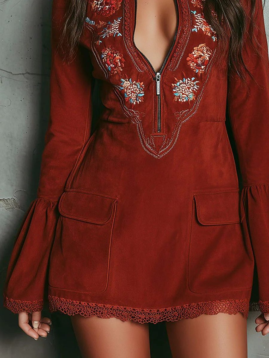 Embroidered Suede Bell Sleeve Mini Dress for Women - View 7