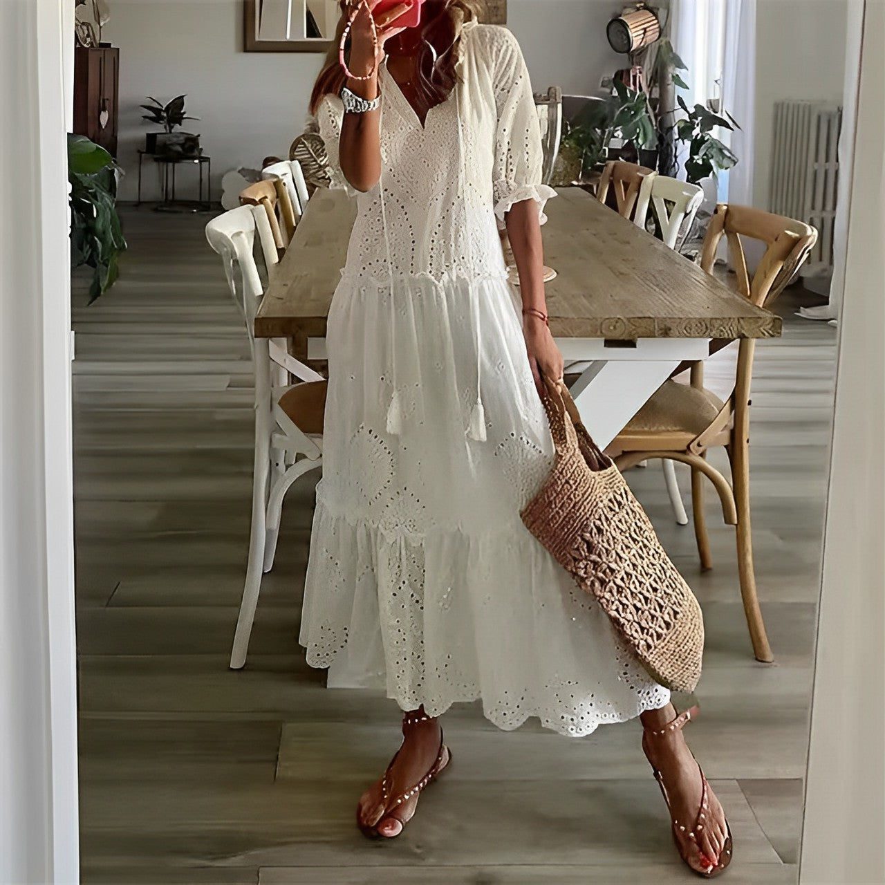 Eyelet Maxi Dress with V-Neck for Women