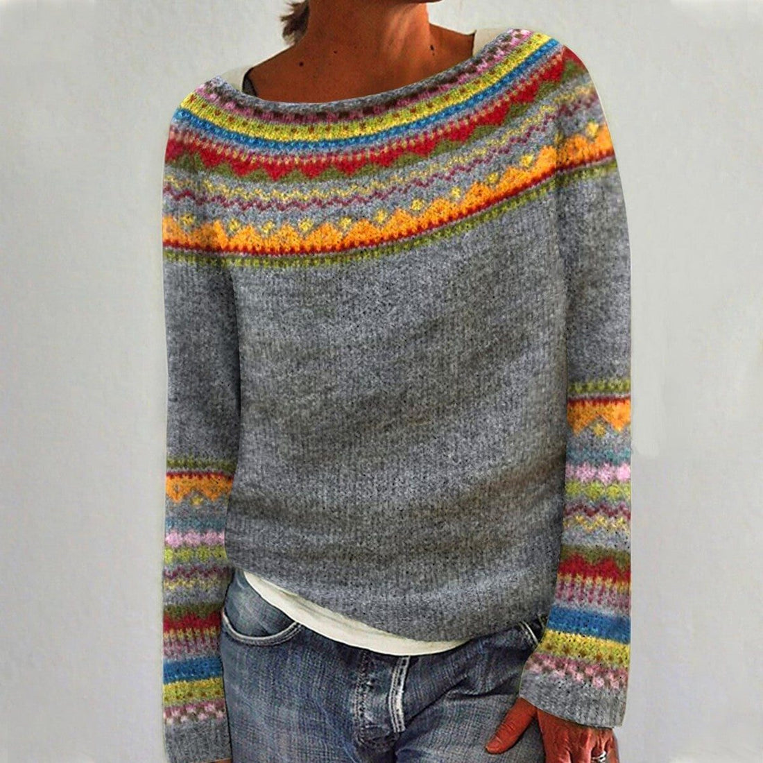 Fair Isle Knit Sweater with Crew Neck and Long Sleeves for Women