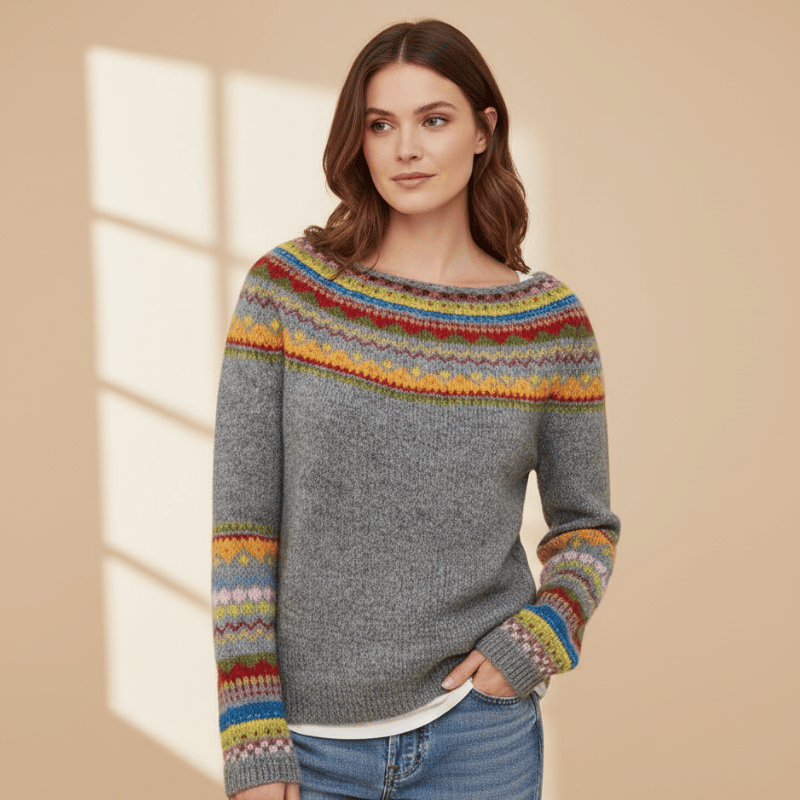 Fair Isle Knit Sweater with Crew Neck and Long Sleeves for Women