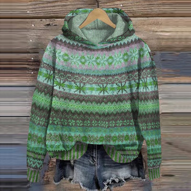 Fair Isle Knit Sweater with Hood for Women - Green
