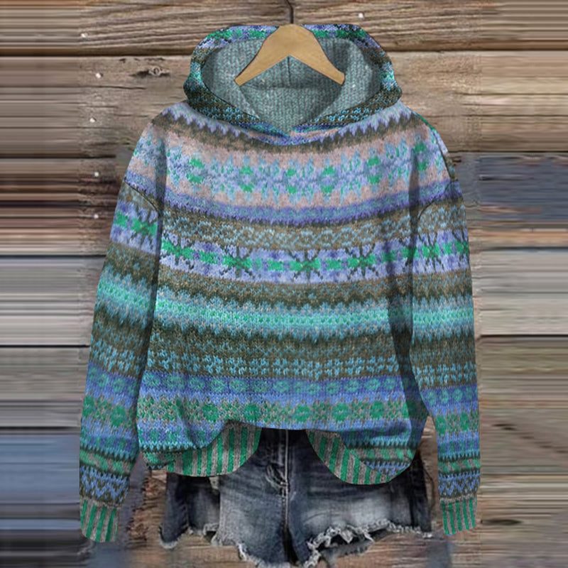 Fair Isle Knit Sweater with Hood for Women - Blue