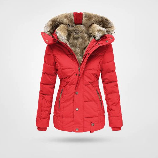 Faux Fur-Lined Hooded Puffer Jacket for Women - Red