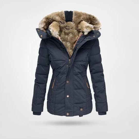 Faux Fur-Lined Hooded Puffer Jacket for Women - Blue