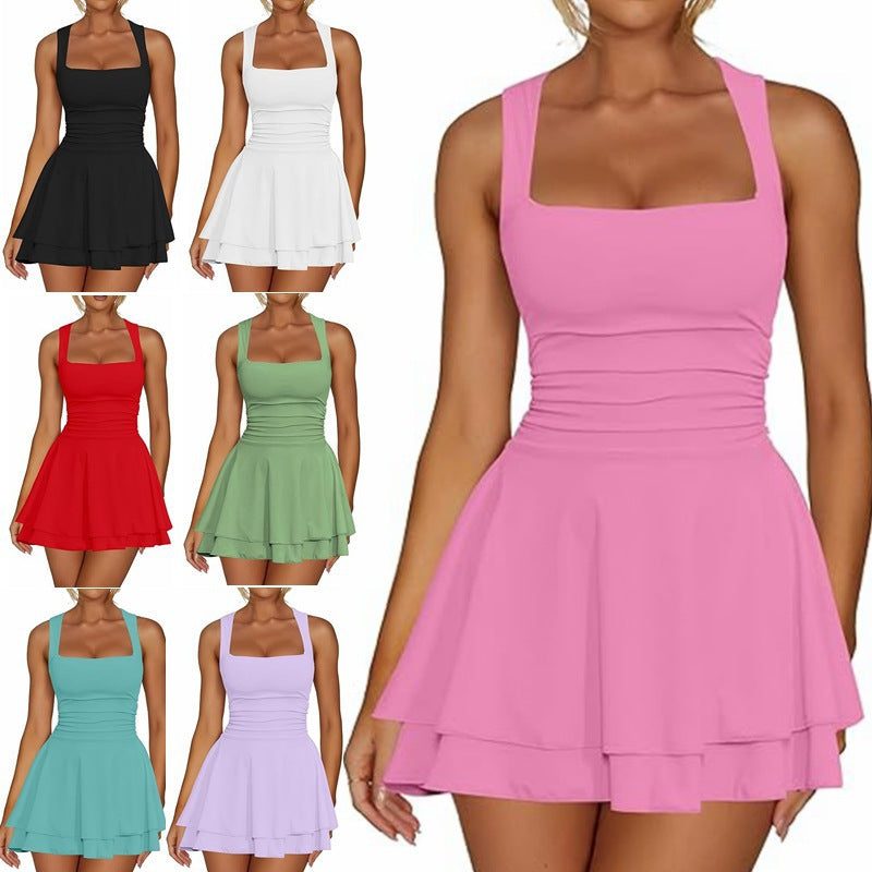 Fit-and-Flare Dress with Square Neck and Ruching for Women
