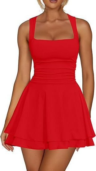 Fit-and-Flare Dress with Square Neck and Ruching for Women