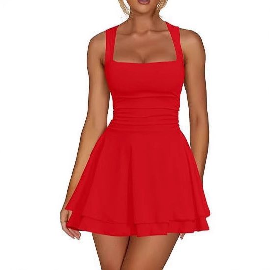 Fit-and-Flare Dress with Square Neck and Ruching for Women