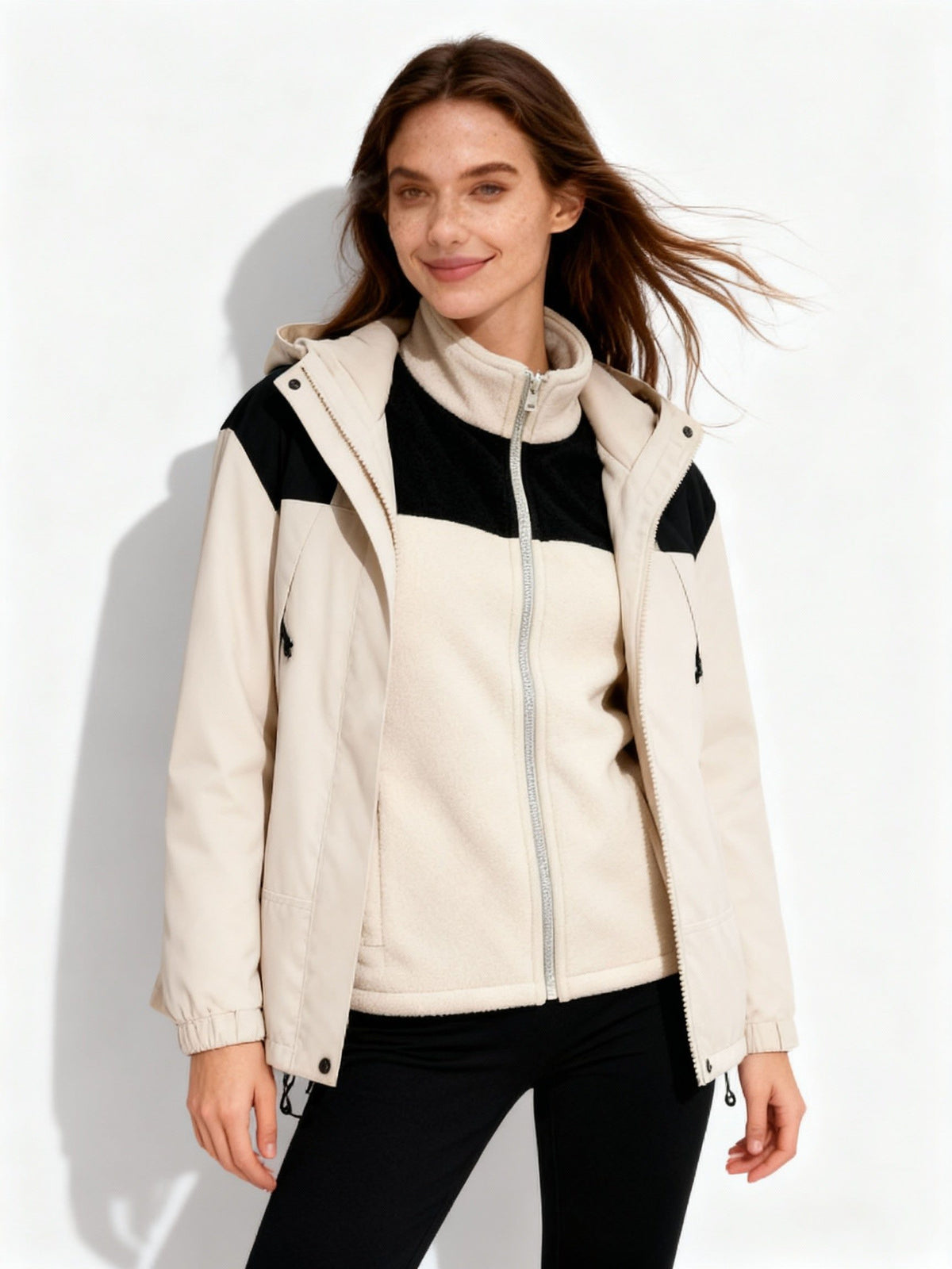 Fleece Hooded Winter Jacket with Detachable Layer for Women