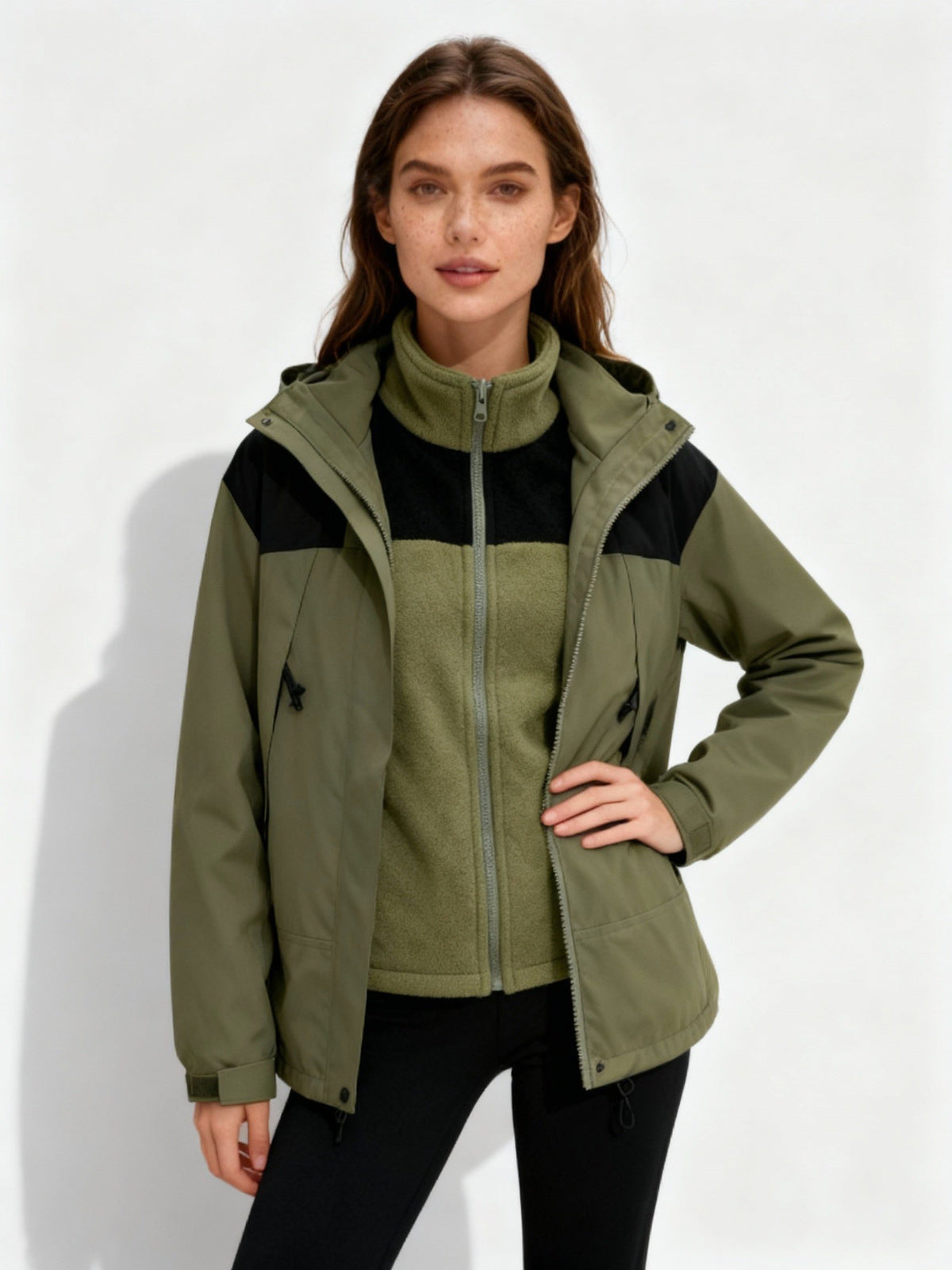 Fleece Hooded Winter Jacket with Detachable Layer for Women - Green