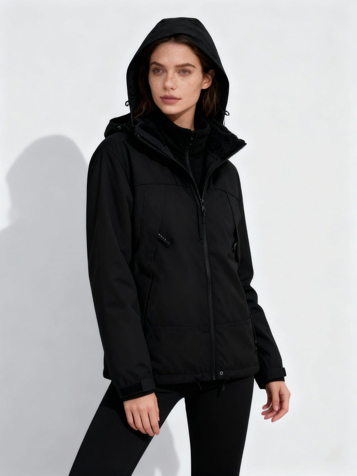 Fleece Hooded Winter Jacket with Detachable Layer for Women - Black
