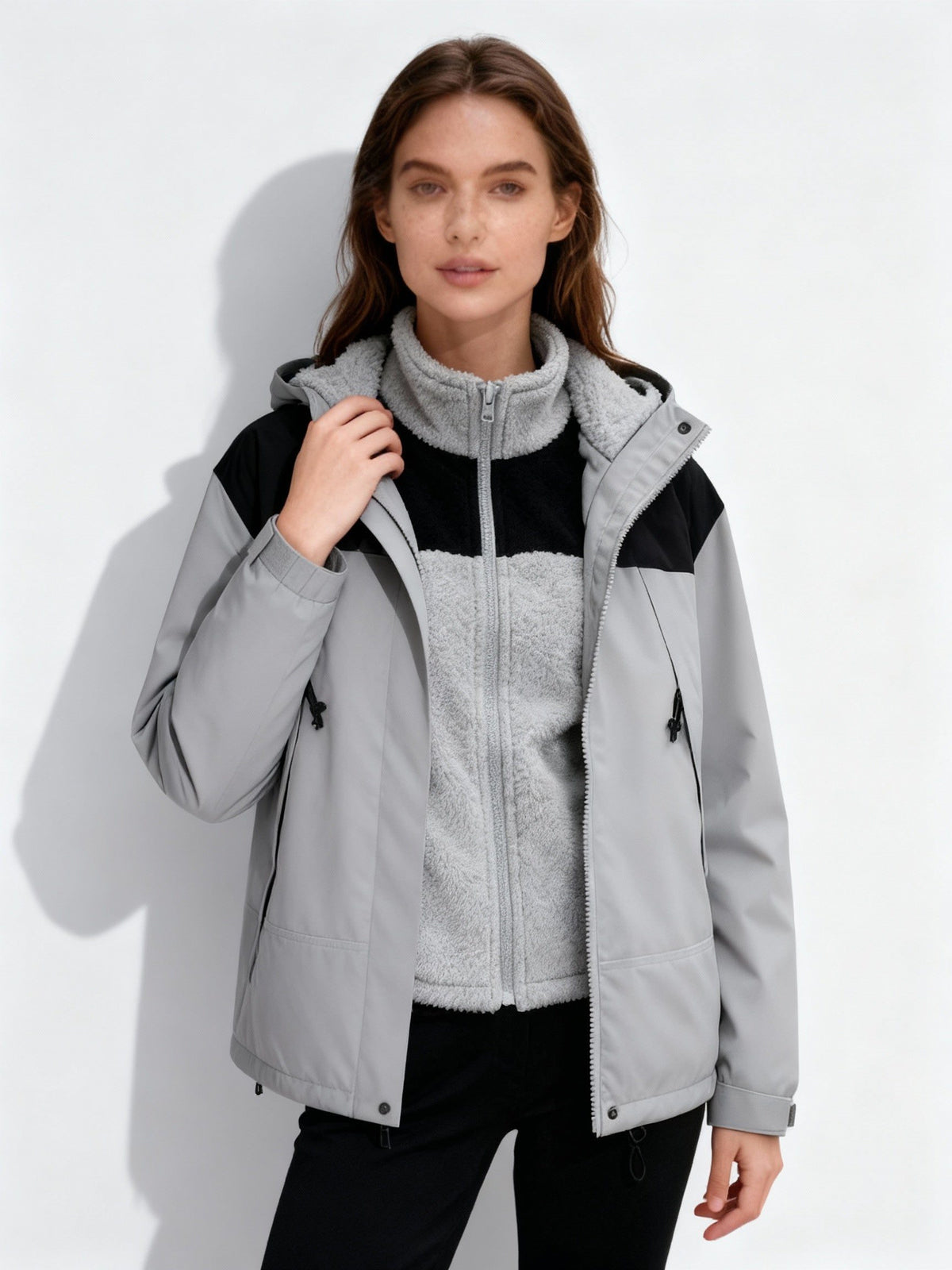 Fleece Hooded Winter Jacket with Detachable Layer for Women - Grey