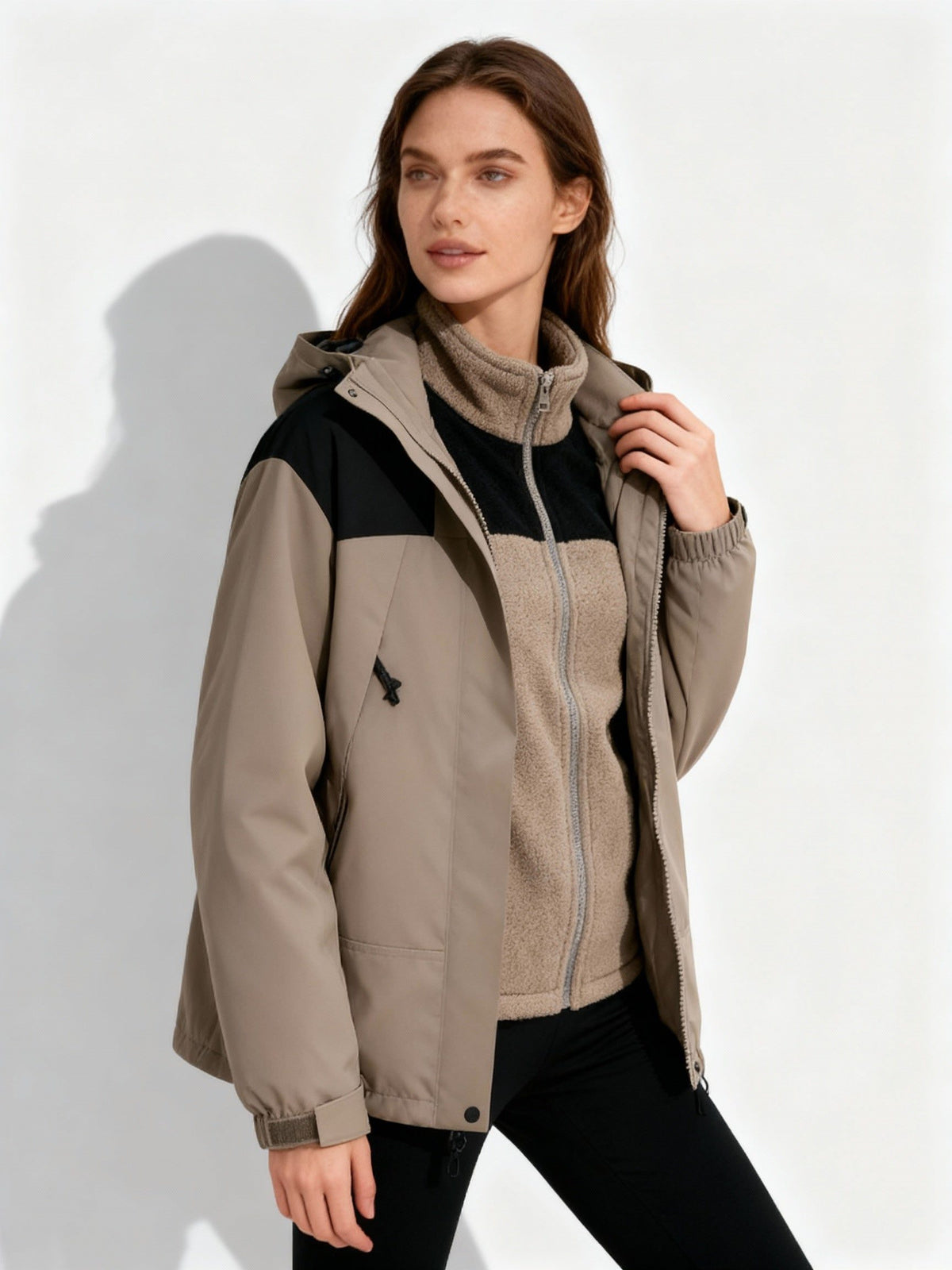 Fleece Hooded Winter Jacket with Detachable Layer for Women - Khaki