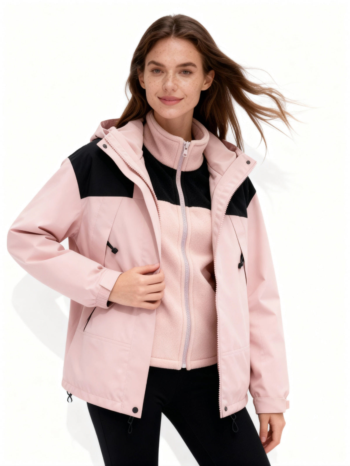 Fleece Hooded Winter Jacket with Detachable Layer for Women - Pink