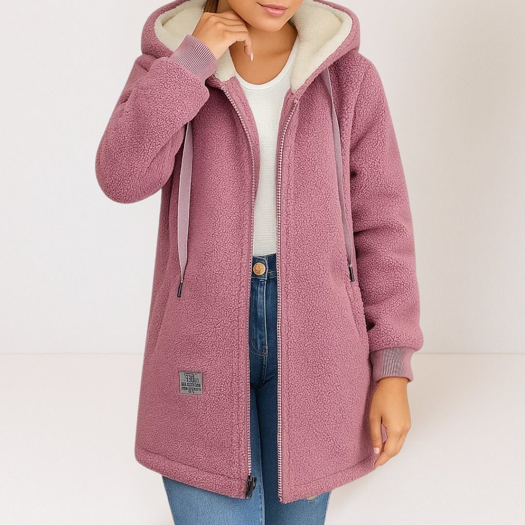 Fleece-Lined Hooded Jacket with Pockets for Women - Pink