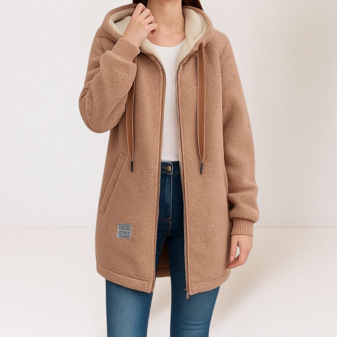 Fleece-Lined Hooded Jacket with Pockets for Women - Brown