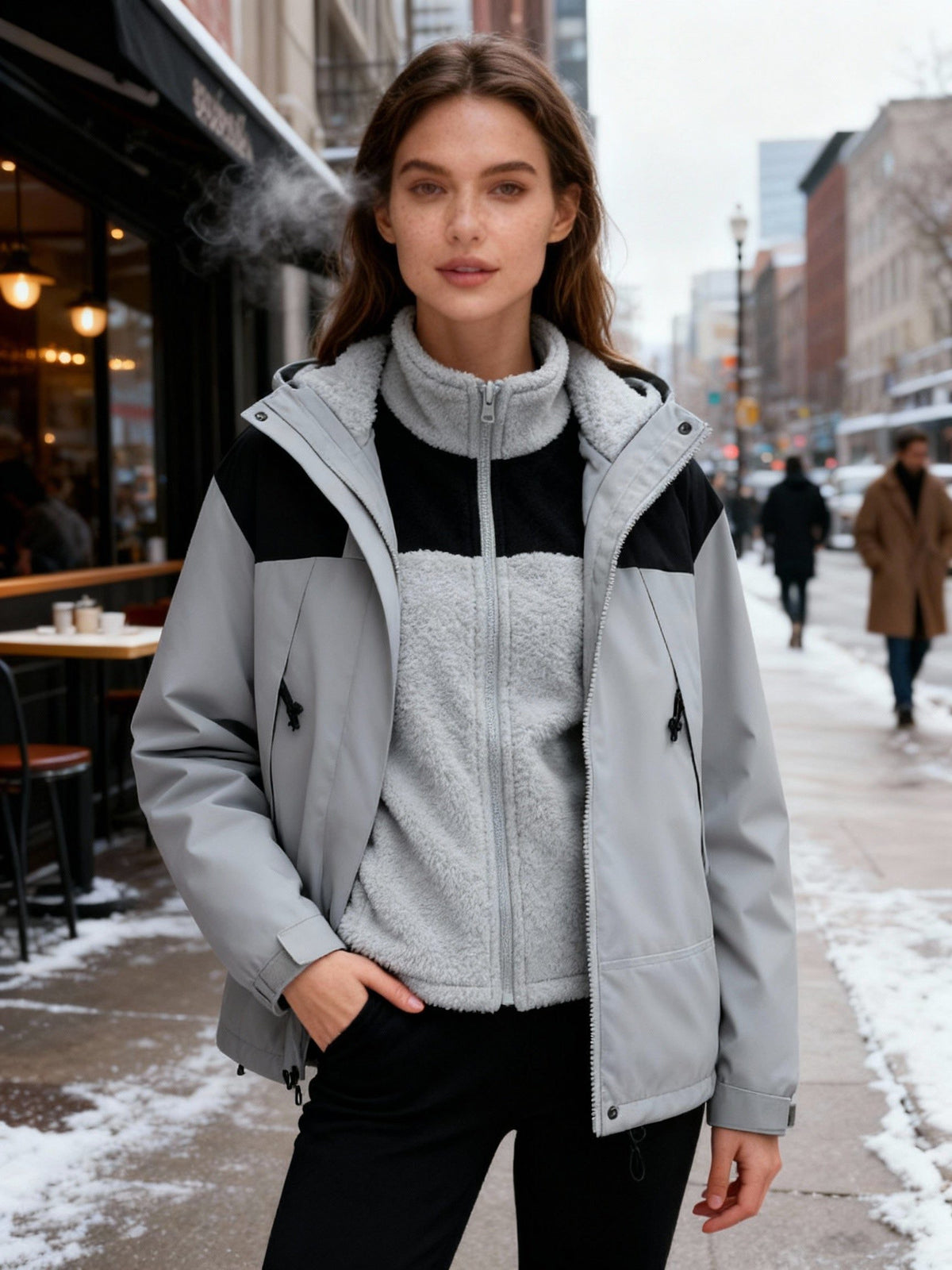 Fleece-Lined Hooded Winter Jacket for Women - Grey