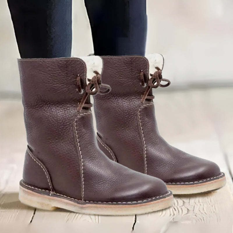 Fleece-Lined Lace-Up Winter Boots for Women - Dark Brown