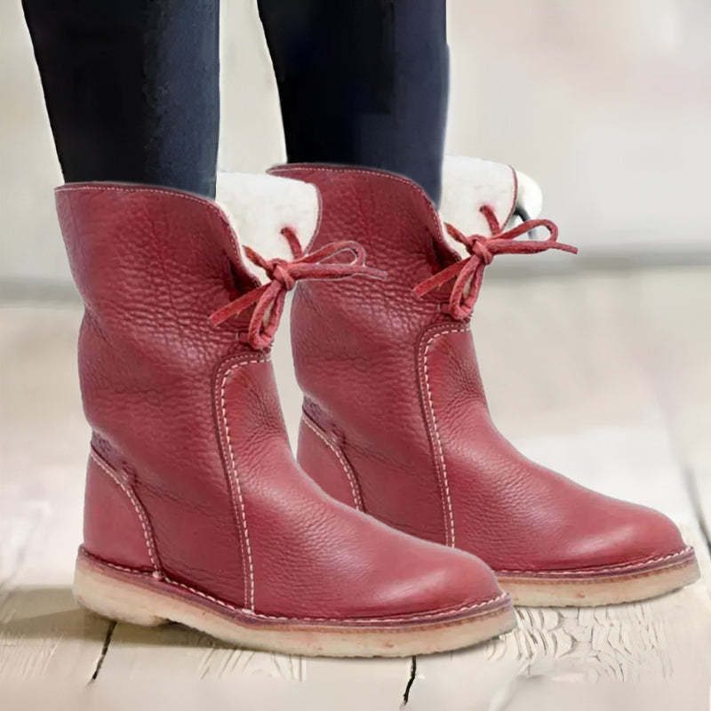 Fleece-Lined Lace-Up Winter Boots for Women - Red