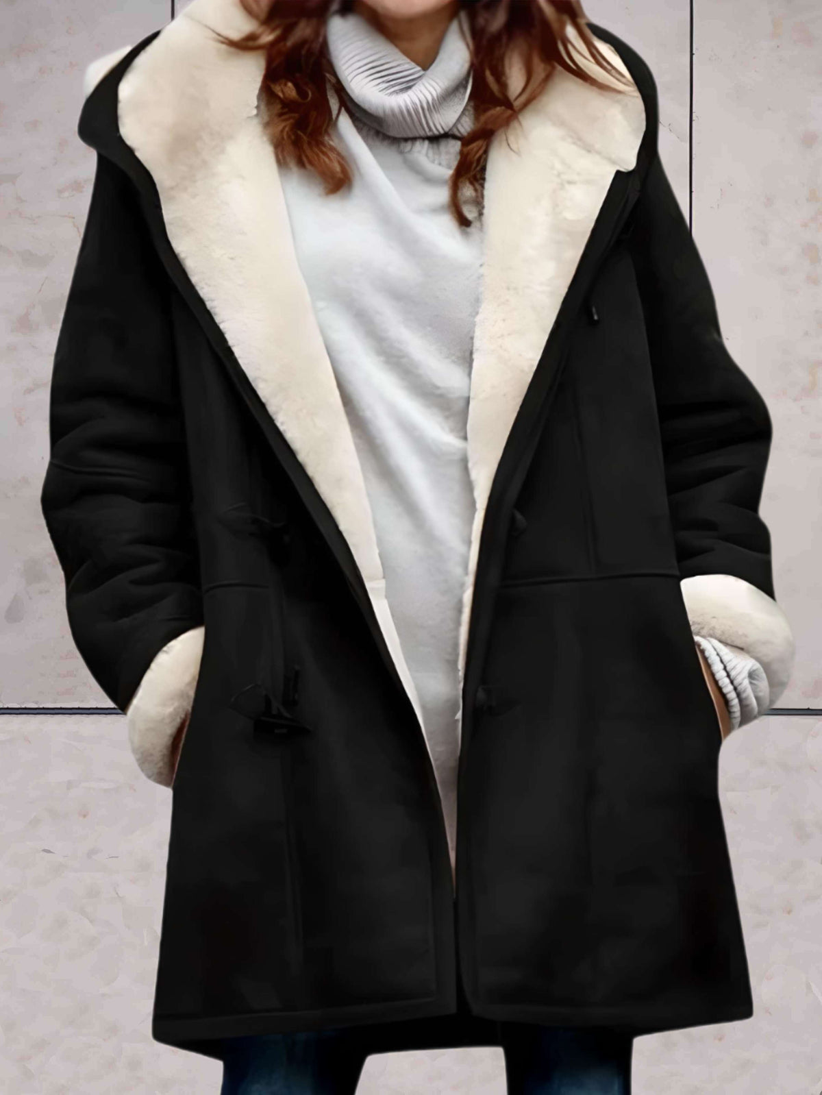Fleece-Lined Long Hooded Coat for Women - Black