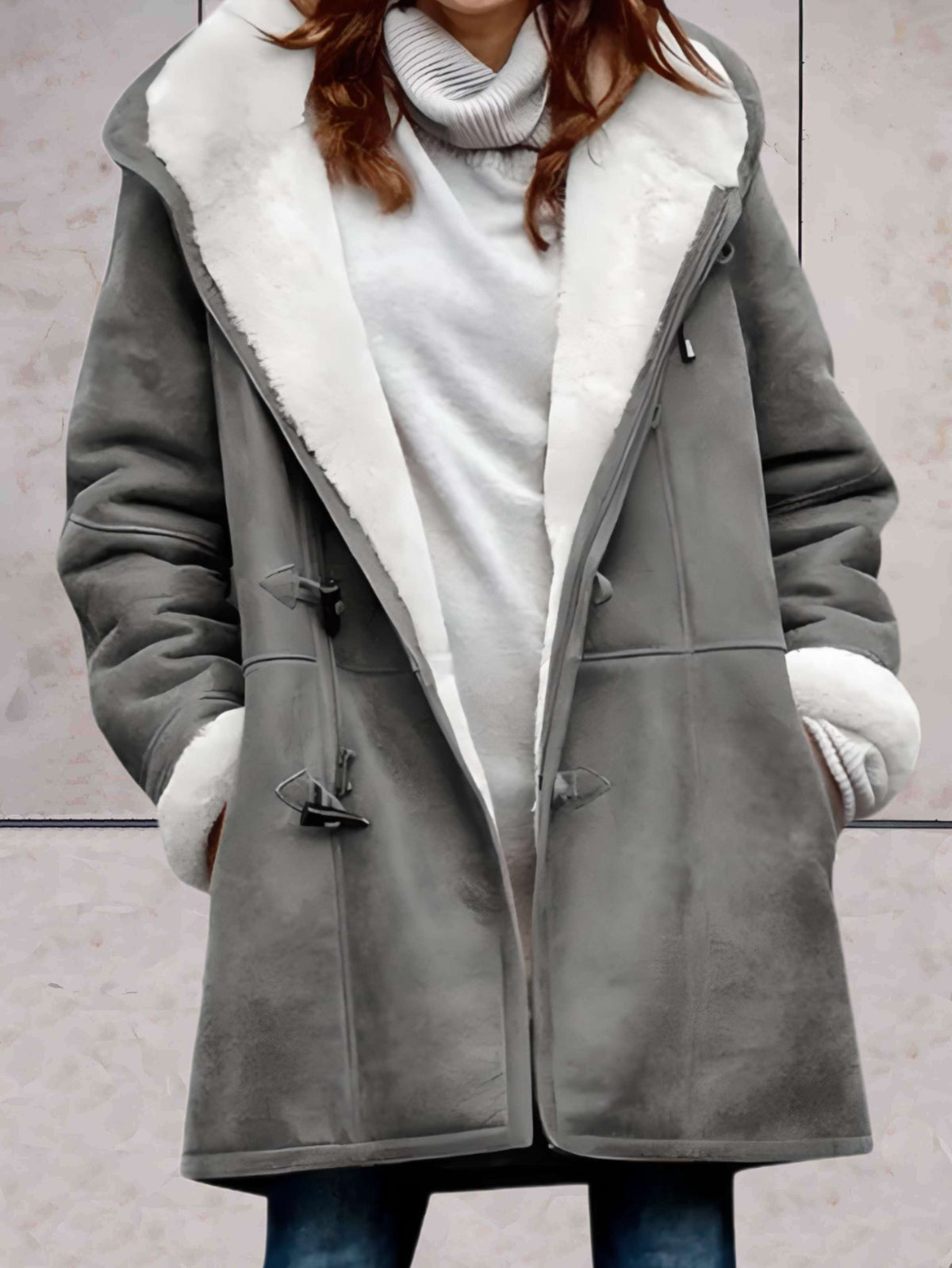 Fleece-Lined Long Hooded Coat for Women - Gray
