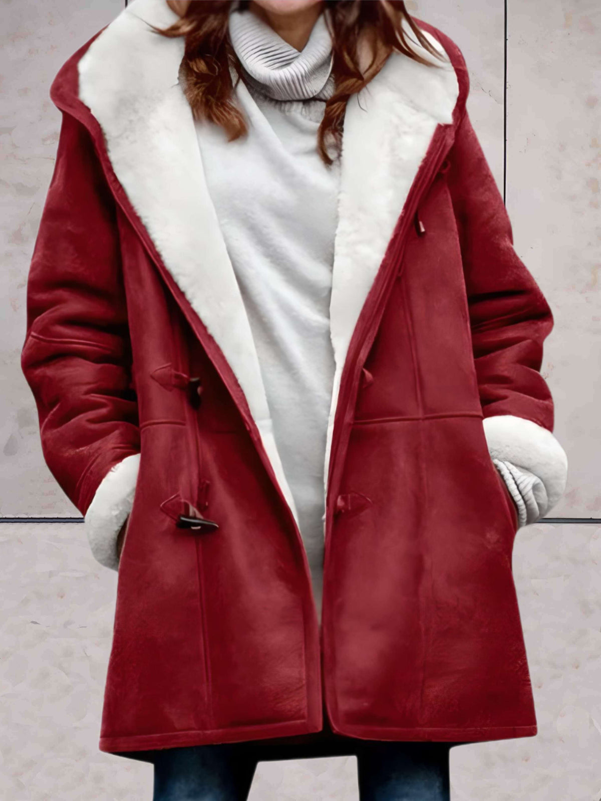 Fleece-Lined Long Hooded Coat for Women - Red