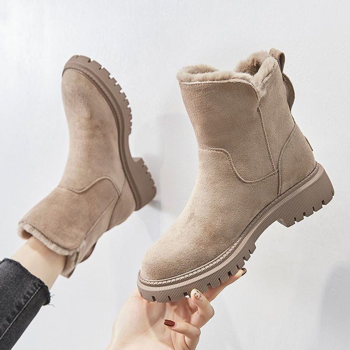 Fleece-Lined Suede Winter Ankle Boots with Chunky Platform for Women