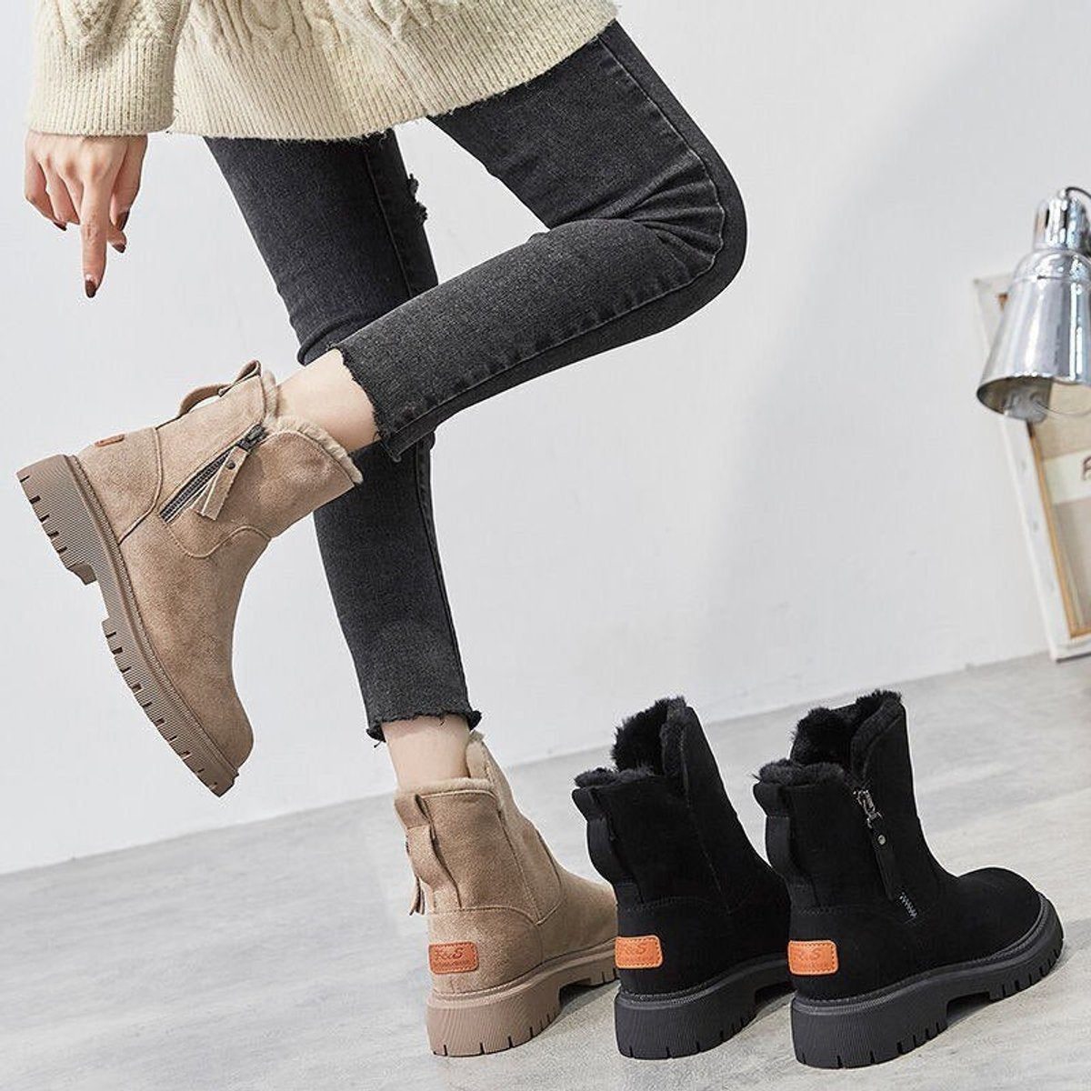 Fleece-Lined Suede Winter Ankle Boots with Chunky Platform for Women - View 3