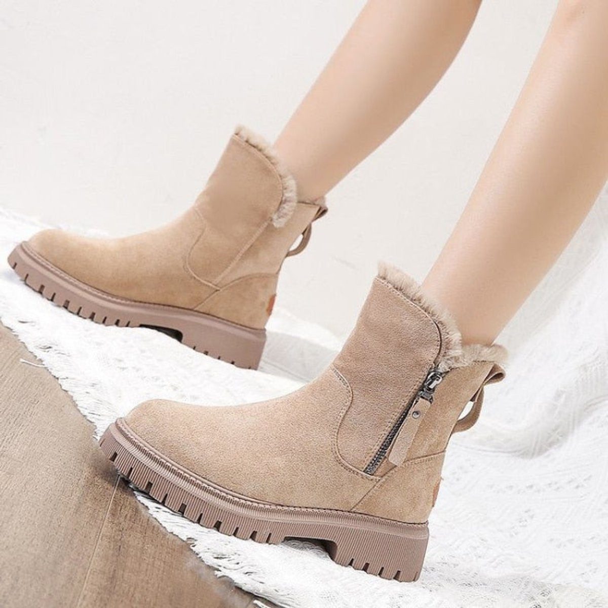 Fleece-Lined Suede Winter Ankle Boots with Chunky Platform for Women - View 4