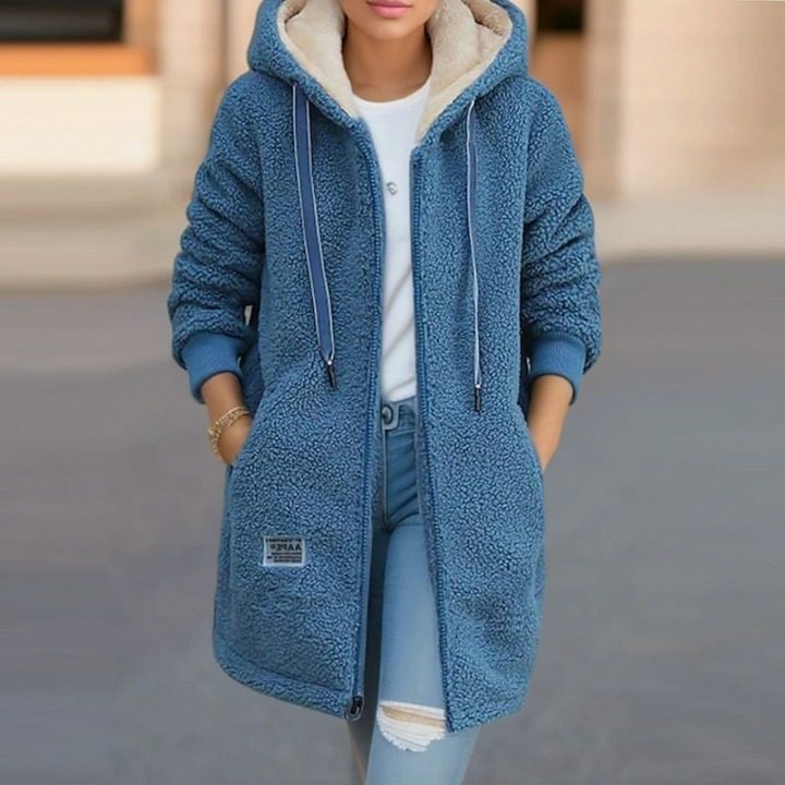 Fleece Winter Jacket with Hood and Welt Pockets for Women