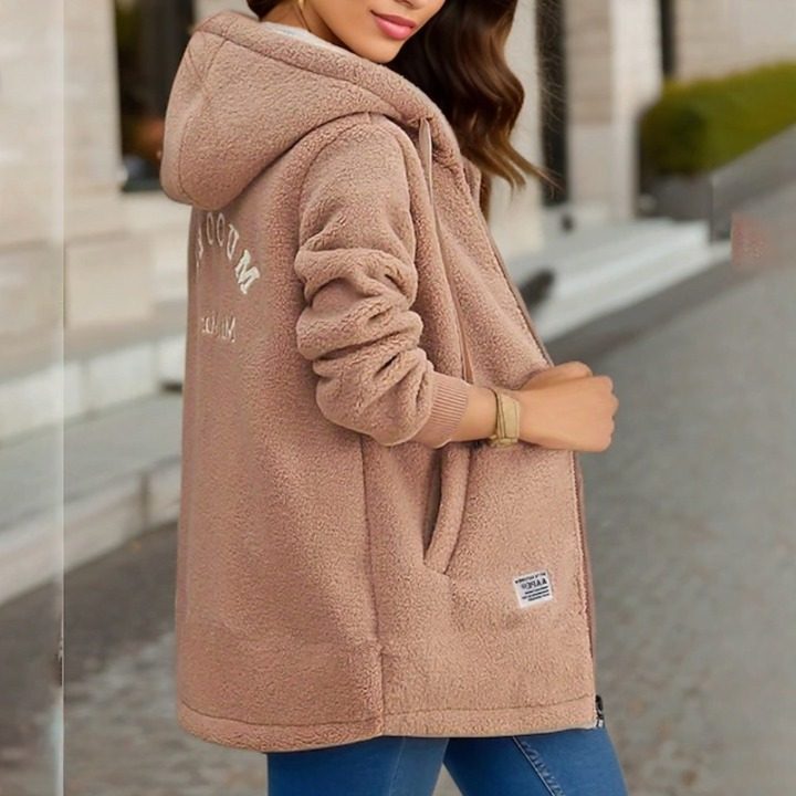 Fleece Winter Jacket with Hood and Welt Pockets for Women - Khaki