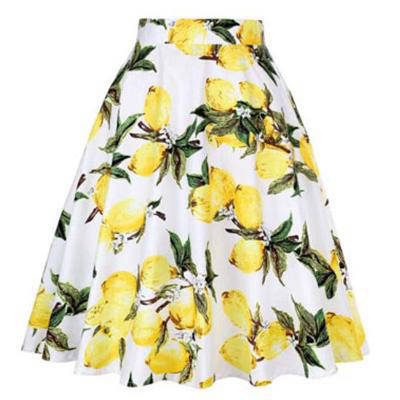 Floral A-Line Lemon Print Midi Skirt Dress for Women