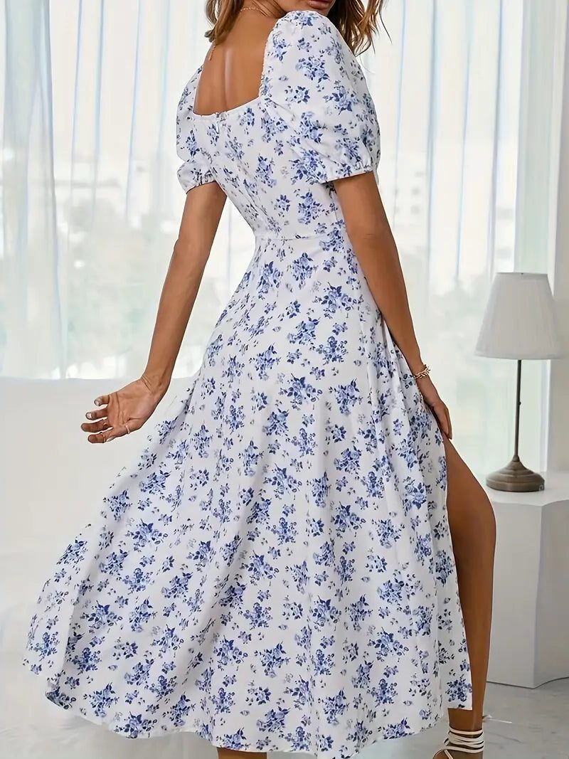 Floral A-Line Midi Dress with Puff Sleeves for Women