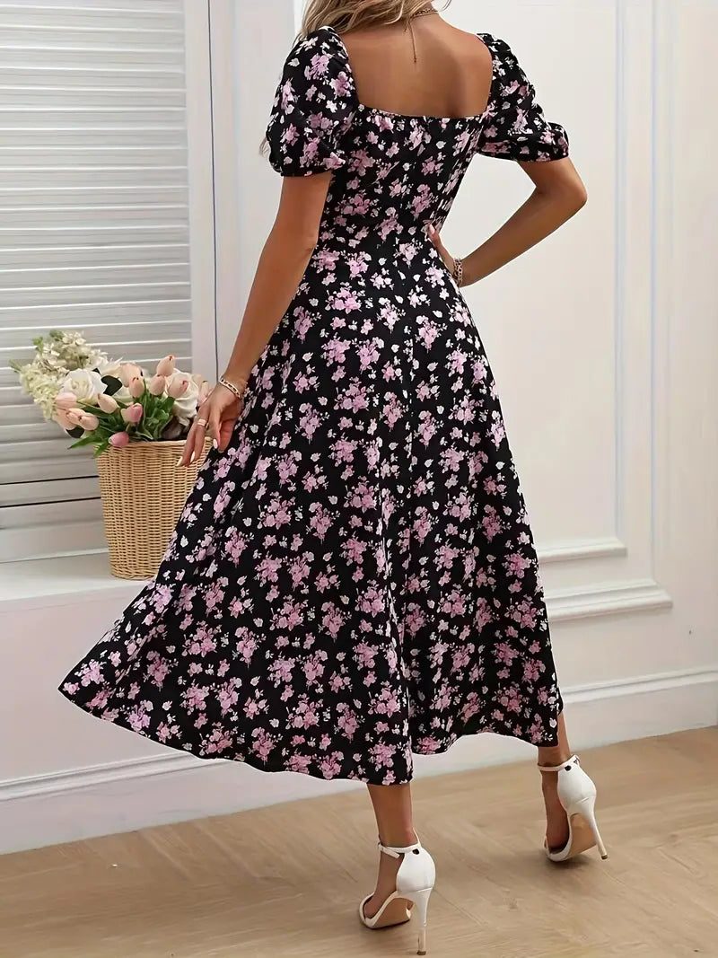 Floral A-Line Midi Dress with Puff Sleeves for Women
