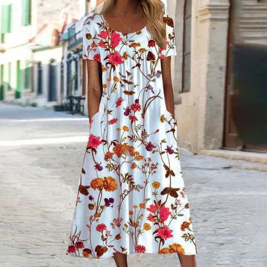 Floral A-Line Midi Dress with Wildflower Print for Women