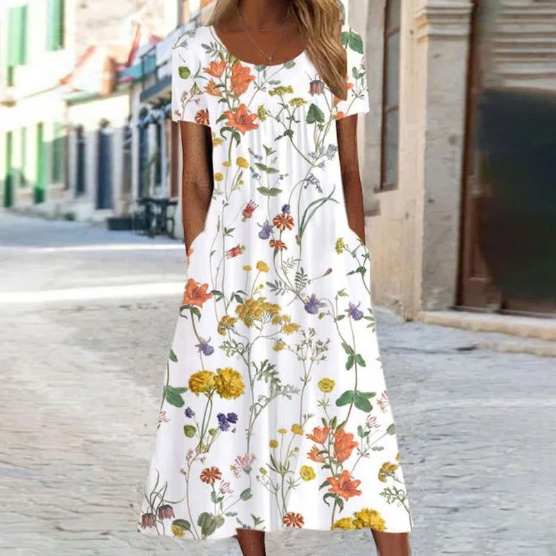 Floral Maxi Dress with Short Sleeves and Pockets for Women