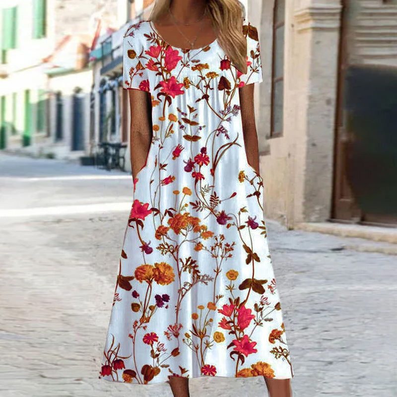 Floral Maxi Dress with Short Sleeves and Pockets for Women