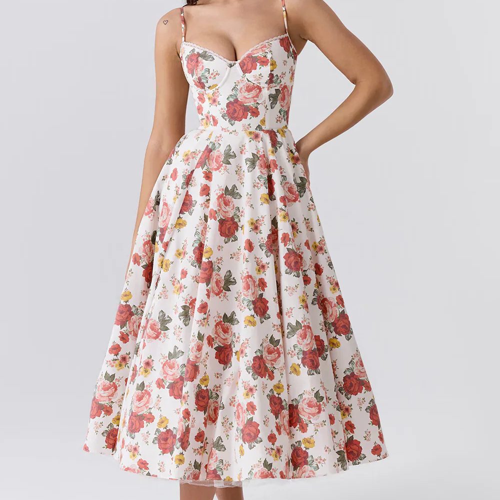 Floral Midi Dress with Sweetheart Neckline for Women