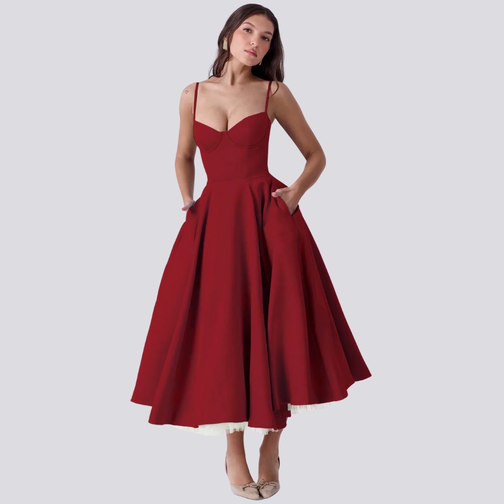 Floral Midi Dress with Sweetheart Neckline for Women
