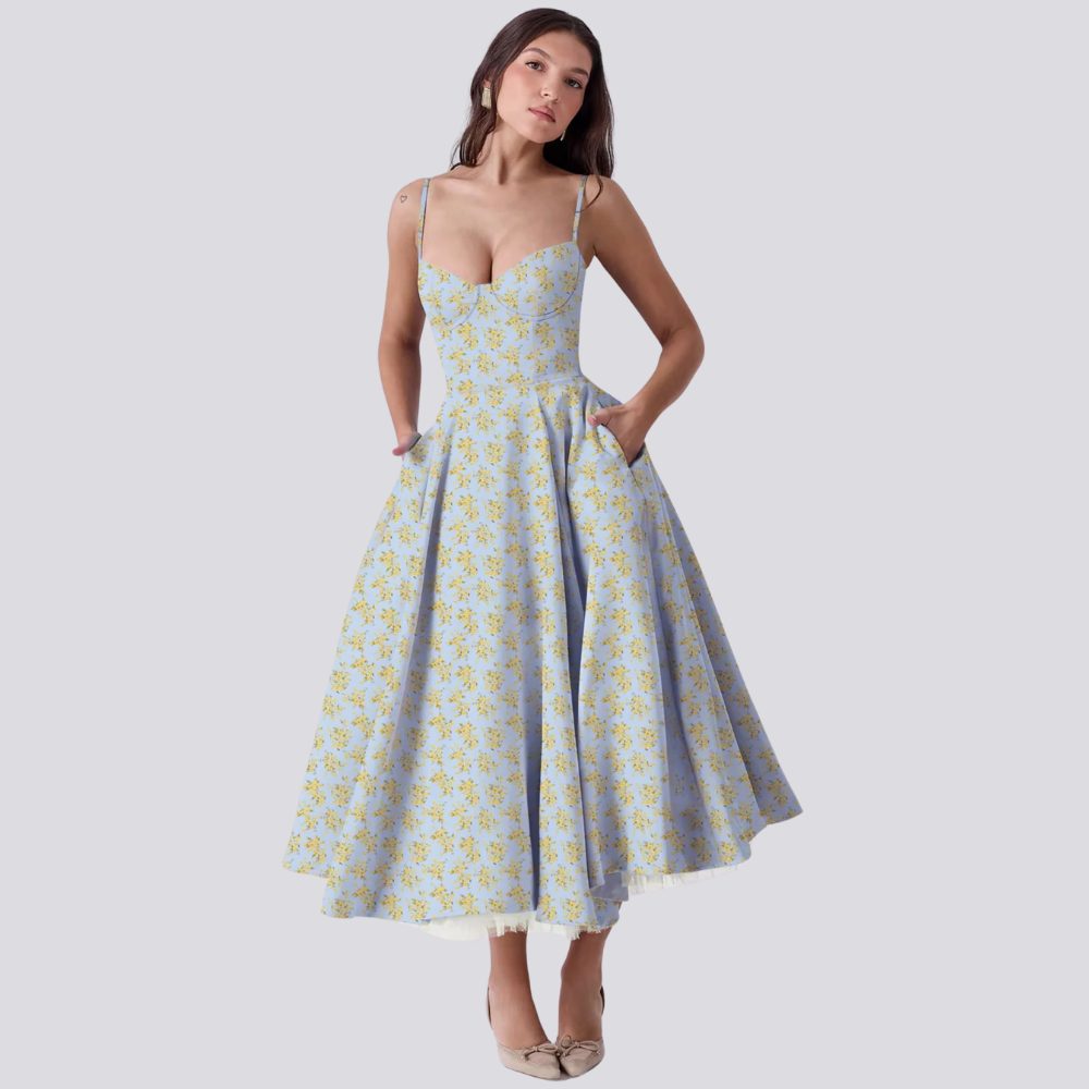 Floral Midi Dress with Sweetheart Neckline for Women