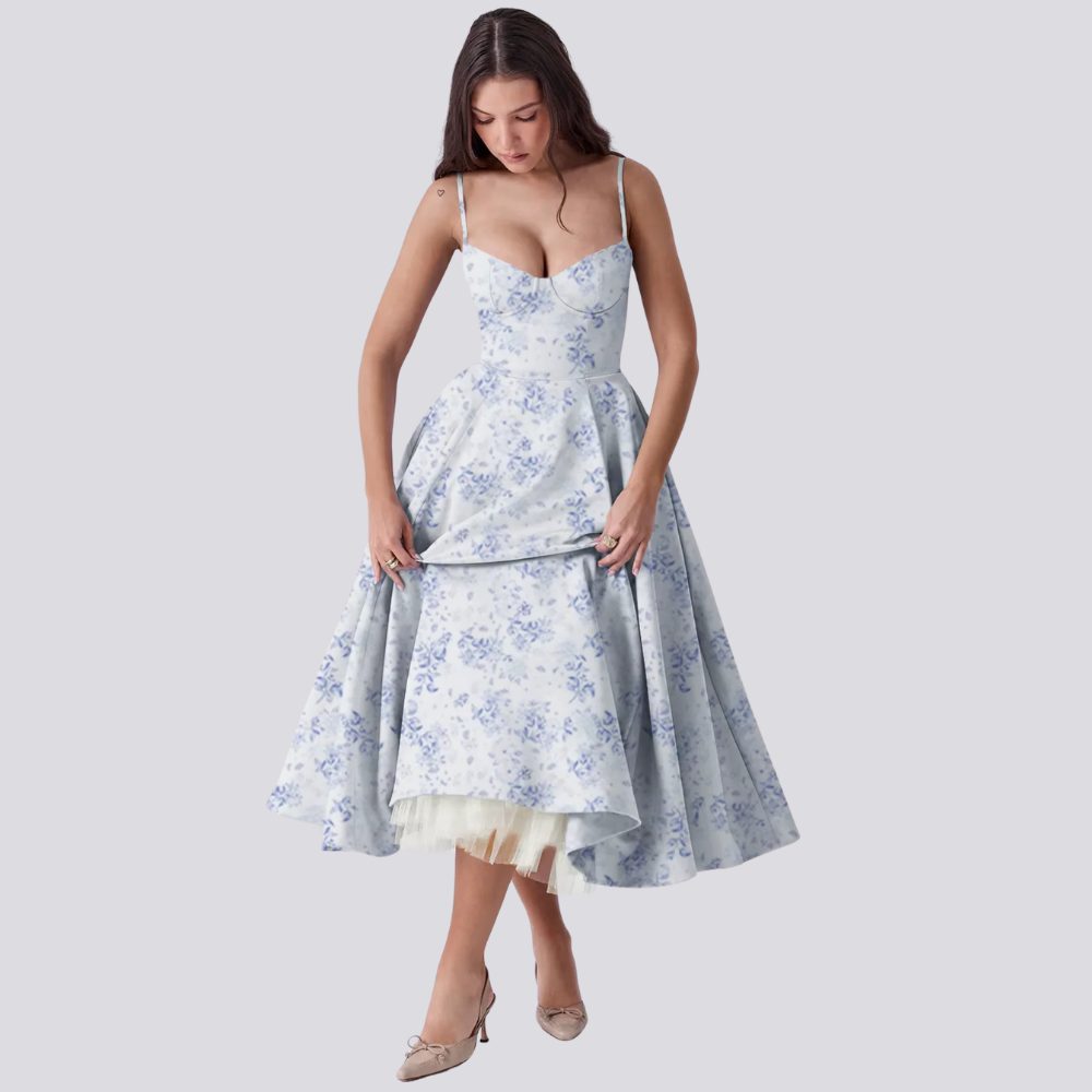 Floral Midi Dress with Sweetheart Neckline for Women