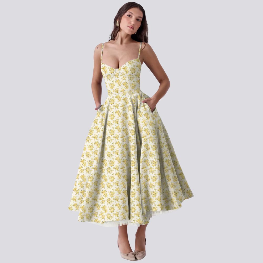 Floral Midi Dress with Sweetheart Neckline for Women