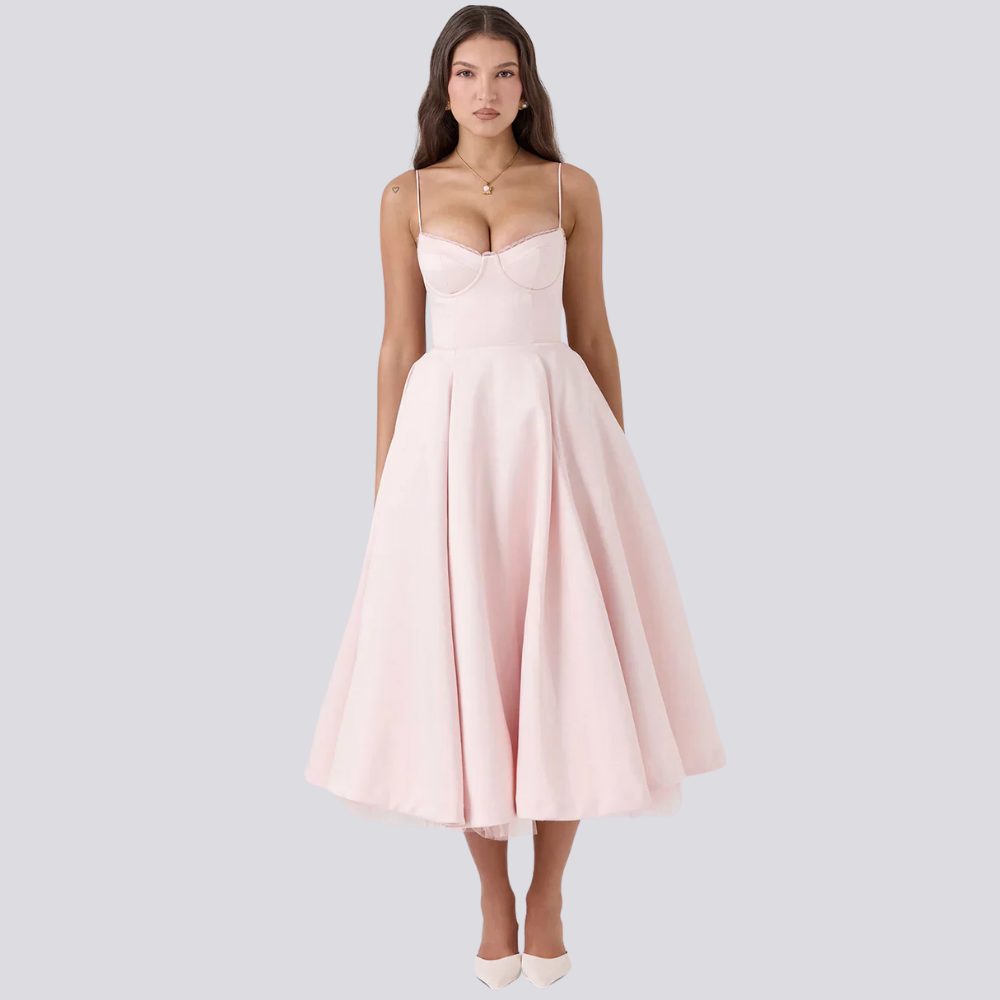 Floral Midi Dress with Sweetheart Neckline for Women