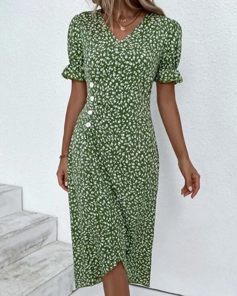 Floral Midi Dress with V-Neck and Short Sleeves for Women