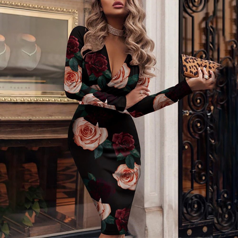 Floral Midi Dress with V-Neck for Women