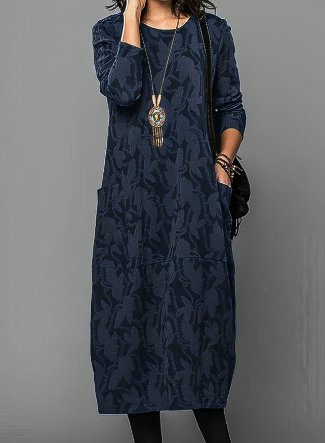 Floral Midi Tunic Dress with Side Pockets for Women - Blue