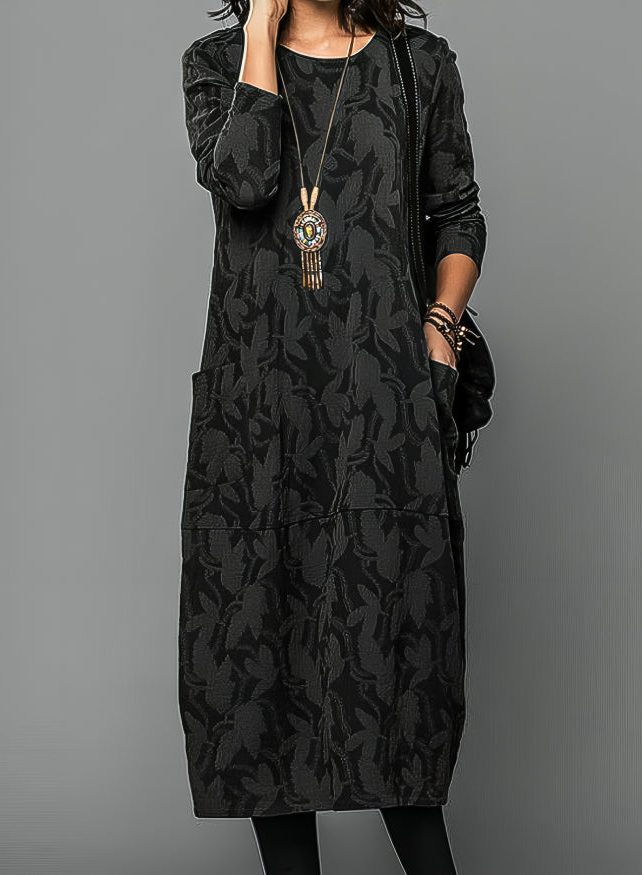 Floral Midi Tunic Dress with Side Pockets for Women - Black