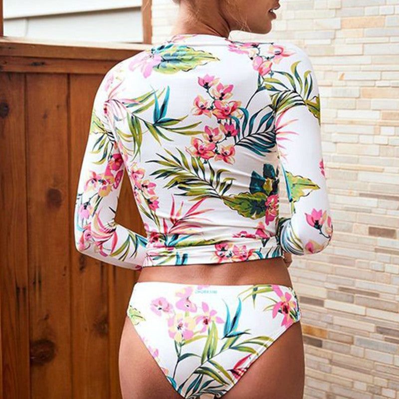 Floral Rashguard Bikini Set with Long Sleeves for Women