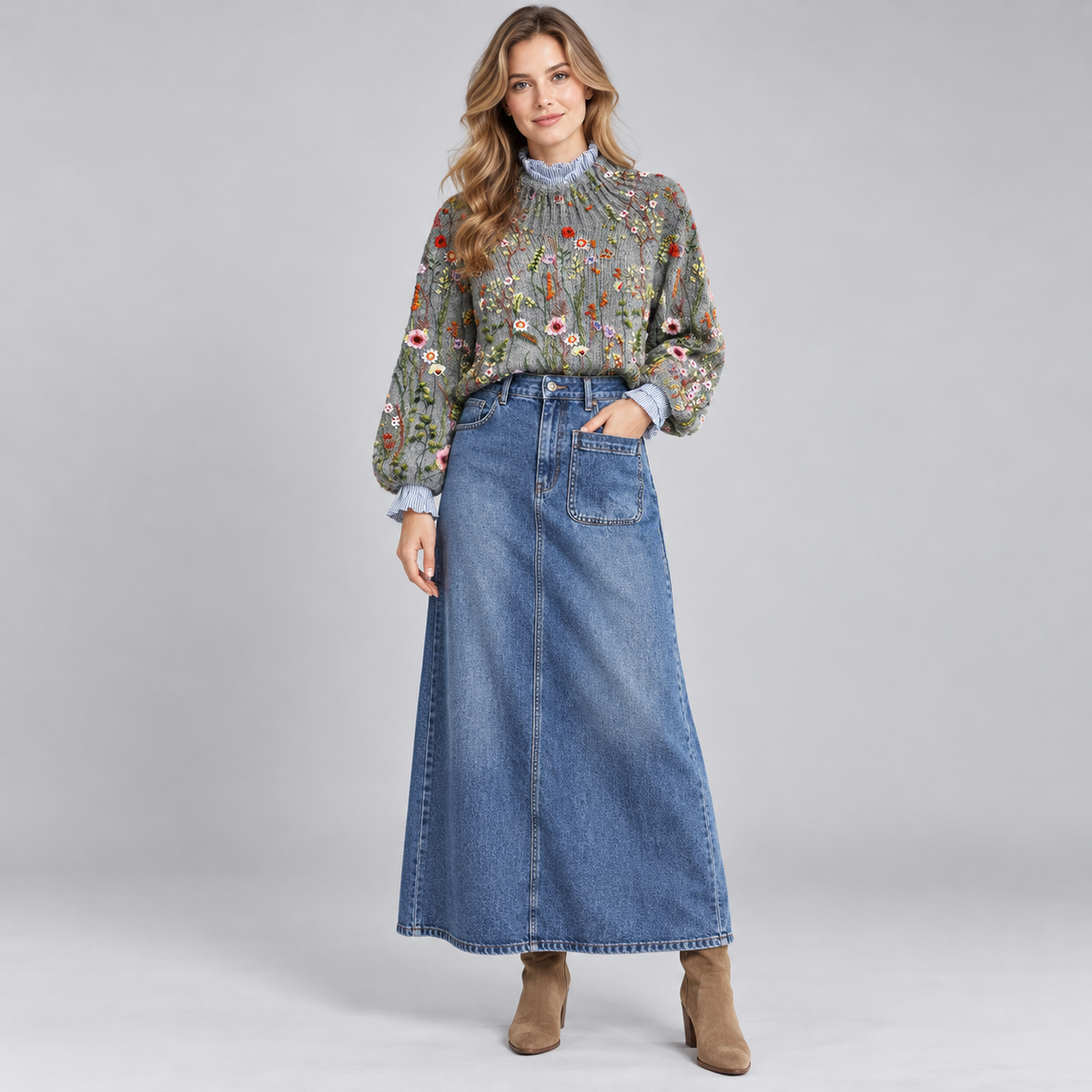 Floral Ribbed Knit Sweater with Crew Neck for Women